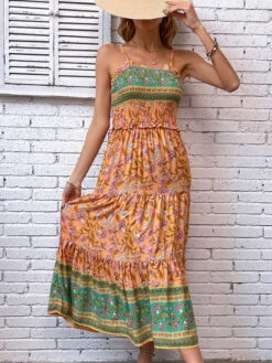 Floral Print Bohemian Sleeveless Midi Dress -Dresses Store 202303301207149915521