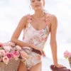 One Piece Swimsuits For Women Pink Mixed Floral Print Flowers V-Neck Backless Summer Beach Swimming Suits -Dresses Store 202304061739047002583