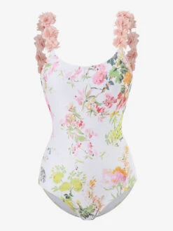One Piece Swimsuits For Women Pink Mixed Floral Print Flowers V-Neck Backless Summer Beach Swimming Suits -Dresses Store 202304061739077683312