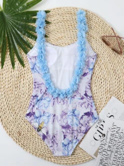 One Piece Swimsuits For Women Pink Mixed Floral Print Flowers V-Neck Backless Summer Beach Swimming Suits -Dresses Store 202304061739091765607