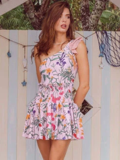 Women One Piece Swimsuits Pink Mixed Floral Print Ruffles Asymmetrical Neck Backless Summer Beach Swimwear -Dresses Store 202304061739160178852