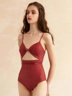 Monokini Swimsuits For Women Red Mixed Polka Dot Knotted V-Neck Convertible Summer Sexy Swimming Suits -Dresses Store 202304071712582996426