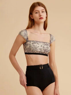 Two Piece Swimsuit Blue Buttons Backless Raised Waist Summer Beach Swimwear -Dresses Store 202304071713053954384