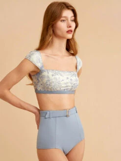 Two Piece Swimsuit Blue Buttons Backless Raised Waist Summer Beach Swimwear -Dresses Store 202304071713063228751