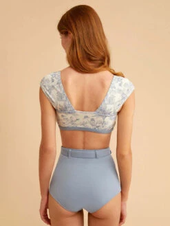 Two Piece Swimsuit Blue Buttons Backless Raised Waist Summer Beach Swimwear -Dresses Store 202304071713066204351