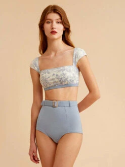 Two Piece Swimsuit Blue Buttons Backless Raised Waist Summer Beach Swimwear -Dresses Store 202304071713069698702