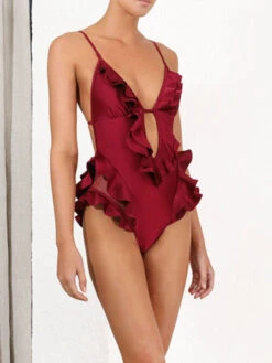 Monokini Swimsuits Burgundy Ruffles V-Neck Backless Summer Beach Swimwear -Dresses Store 202304071713196873398