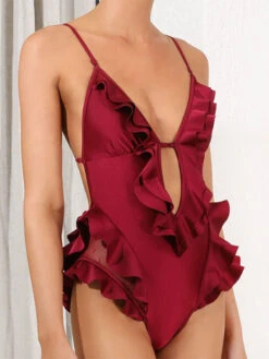 Monokini Swimsuits Burgundy Ruffles V-Neck Backless Summer Beach Swimwear -Dresses Store 202304071713199782695