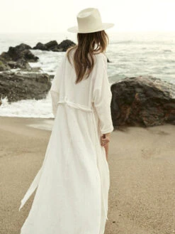 Cover Ups For Women White Sash V-Neck Long Sleeves Oversized Summer Beach Swimwear -Dresses Store 202304141418351613395