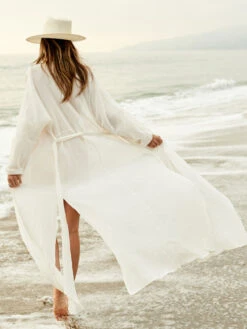 Cover Ups For Women White Sash V-Neck Long Sleeves Oversized Summer Beach Swimwear -Dresses Store 202304141418357691467