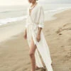 Cover Ups For Women White Sash V-Neck Long Sleeves Oversized Summer Beach Swimwear -Dresses Store 202304141418360877341