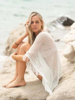 Cover Ups For Women White Fringe V-Neck Half Sleeves Oversized Acrylic Summer Sexy Bathing Suits -Dresses Store 20230414141858599395