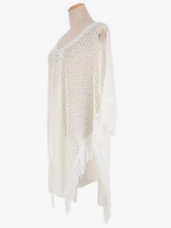 Cover Ups For Women White Fringe V-Neck Half Sleeves Oversized Acrylic Summer Sexy Bathing Suits -Dresses Store 202304141419002661527