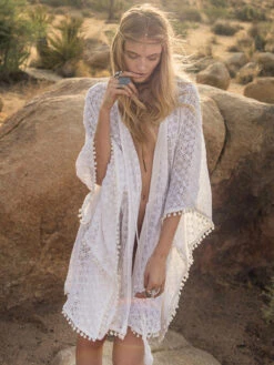 Dresses Store 28 Women Cover Ups White Pom Poms V-Neck 3/4 Length Sleeves Sheer Summer Sexy Bathing Suits