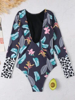 Women One Piece Swimsuits Blue Floral Print Jewel Neck Backless Summer Beach Swimwear -Dresses Store 202304141543380054421