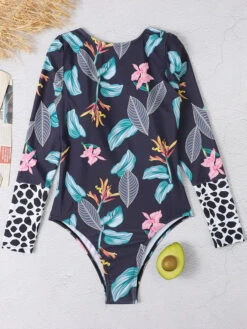 Women One Piece Swimsuits Blue Floral Print Jewel Neck Backless Summer Beach Swimwear -Dresses Store 202304141543383231810