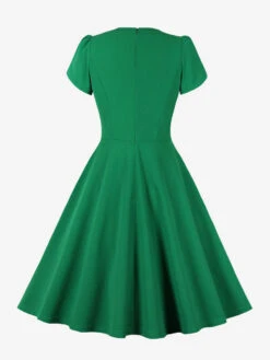 Retro Dress 1950s Audrey Hepburn Style Jewel Neck Lace Up Short Sleeves Knee Length Swing Dress -Dresses Store 202304141543509049183