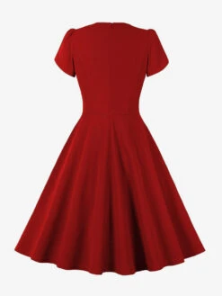 Retro Dress 1950s Audrey Hepburn Style Jewel Neck Lace Up Short Sleeves Knee Length Swing Dress -Dresses Store 202304141543512161561