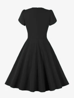 Retro Dress 1950s Audrey Hepburn Style Jewel Neck Lace Up Short Sleeves Knee Length Swing Dress -Dresses Store 202304141543515119211