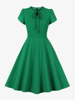 Retro Dress 1950s Audrey Hepburn Style Jewel Neck Lace Up Short Sleeves Knee Length Swing Dress -Dresses Store 202304141543555489253