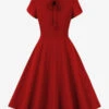 Retro Dress 1950s Audrey Hepburn Style Jewel Neck Lace Up Short Sleeves Knee Length Swing Dress