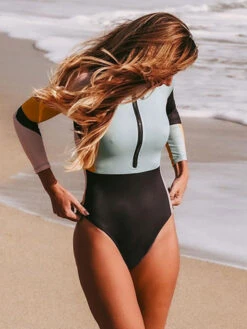 Women One Piece Swimsuits Black Color Block Zipper Jewel Neck Layered Summer Beach Bathing Suits -Dresses Store 202304141544126501509