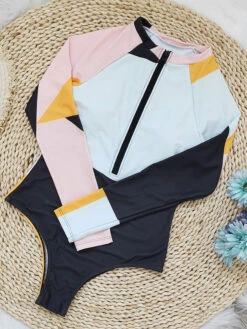 Women One Piece Swimsuits Black Color Block Zipper Jewel Neck Layered Summer Beach Bathing Suits -Dresses Store 202304141544129422241