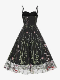 Retro Dress 1950s Audrey Hepburn Style Straps Neck Embroidered Sleeveless Medium Printed Rockabilly Dress -Dresses Store 202304181823518551528