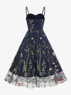 Retro Dress 1950s Audrey Hepburn Style Straps Neck Embroidered Sleeveless Medium Printed Rockabilly Dress -Dresses Store 202304181823524354493