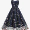 Retro Dress 1950s Audrey Hepburn Style Straps Neck Embroidered Sleeveless Medium Printed Rockabilly Dress -Dresses Store 202304181823527425494