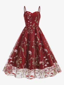 Retro Dress 1950s Audrey Hepburn Style Straps Neck Embroidered Sleeveless Medium Printed Rockabilly Dress -Dresses Store 202304181823533569891