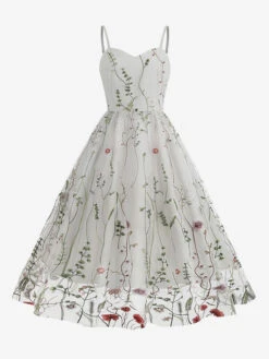 Retro Dress 1950s Audrey Hepburn Style Straps Neck Embroidered Sleeveless Medium Printed Rockabilly Dress -Dresses Store 202304181823539483890