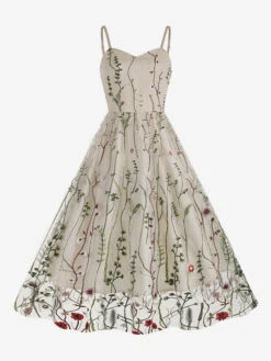 Retro Dress 1950s Audrey Hepburn Style Straps Neck Embroidered Sleeveless Medium Printed Rockabilly Dress -Dresses Store 20230418182354529972