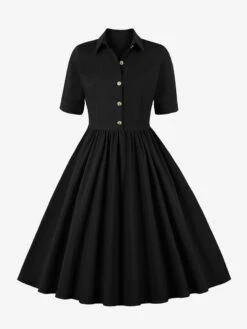 Retro Dress 1950s Audrey Hepburn Style Black Short Sleeves Turndown Collar Swing Dress -Dresses Store 202304181824286183531