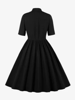 Retro Dress 1950s Audrey Hepburn Style Black Short Sleeves Turndown Collar Swing Dress -Dresses Store 202304181824289577070