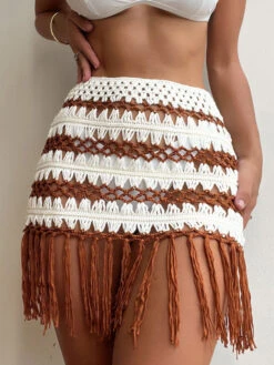 Women Cover Ups Coffee Brown Two-Tone Fringe Stretch Acrylic Summer Sexy Swimwear -Dresses Store 202304261801568312732