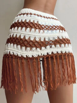 Women Cover Ups Coffee Brown Two-Tone Fringe Stretch Acrylic Summer Sexy Swimwear -Dresses Store 202304261801576685364