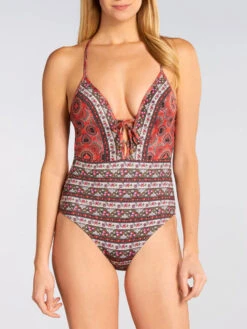 Women One Piece Swimsuits Red Mixed Floral Print Lace Up V-Neck Backless Summer Beach Swimwear -Dresses Store 202304271712073709500