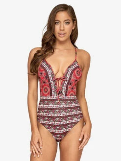 Women One Piece Swimsuits Red Mixed Floral Print Lace Up V-Neck Backless Summer Beach Swimwear -Dresses Store 202304271712077099510