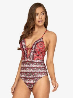 Women One Piece Swimsuits Red Mixed Floral Print Lace Up V-Neck Backless Summer Beach Swimwear -Dresses Store 202304271712080205185