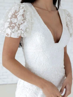 Simple Wedding Dress Mermaid V-Neck Short Sleeves Lace Bridal Dresses Free Customization -Dresses Store 202304281546493846558