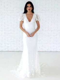 Simple Wedding Dress Mermaid V-Neck Short Sleeves Lace Bridal Dresses Free Customization -Dresses Store 202304281546497045371