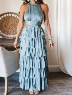 Party Dresses Light Sky Blue High Collar Pleated Sleeveless Layered Semi Formal Dress -Dresses Store 202305051432183807243