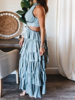 Party Dresses Light Sky Blue High Collar Pleated Sleeveless Layered Semi Formal Dress -Dresses Store 202305051432187006571