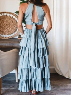 Party Dresses Light Sky Blue High Collar Pleated Sleeveless Layered Semi Formal Dress -Dresses Store 202305051432190168547