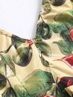 Vintage Dress 1950s Audrey Hepburn Style V-Neck Pleated Sleeveless Printed Medium Yellow Swing Dress -Dresses Store 202305061113267868628