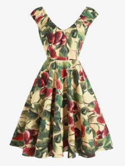 Vintage Dress 1950s Audrey Hepburn Style V-Neck Pleated Sleeveless Printed Medium Yellow Swing Dress -Dresses Store 202305061113289931713