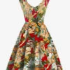 Vintage Dress 1950s Audrey Hepburn Style V-Neck Pleated Sleeveless Printed Medium Yellow Swing Dress
