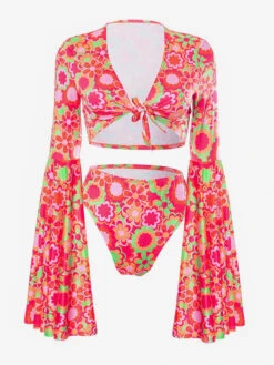 Women Two Piece Swimsuits Red Floral Print Ruffles V-Neck Layered Raised Waist Summer Beach Bathing Suits -Dresses Store 202305061709165004292