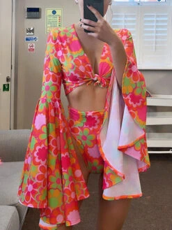 Women Two Piece Swimsuits Red Floral Print Ruffles V-Neck Layered Raised Waist Summer Beach Bathing Suits -Dresses Store 202305061709168208406